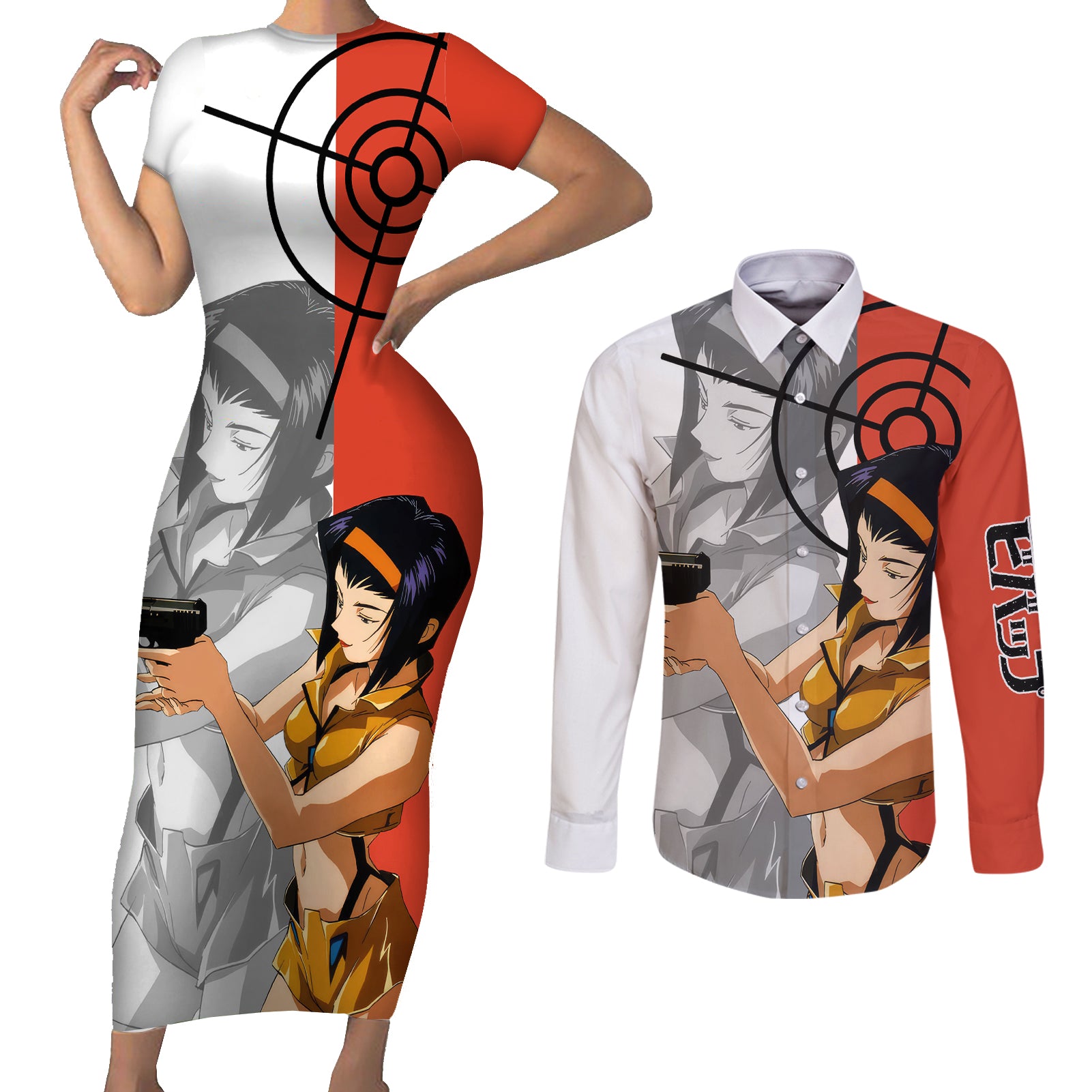 Faye Valentine Cowboy Bebop Couples Matching Short Sleeve Bodycon Dress and Long Sleeve Button Shirt Anime Style