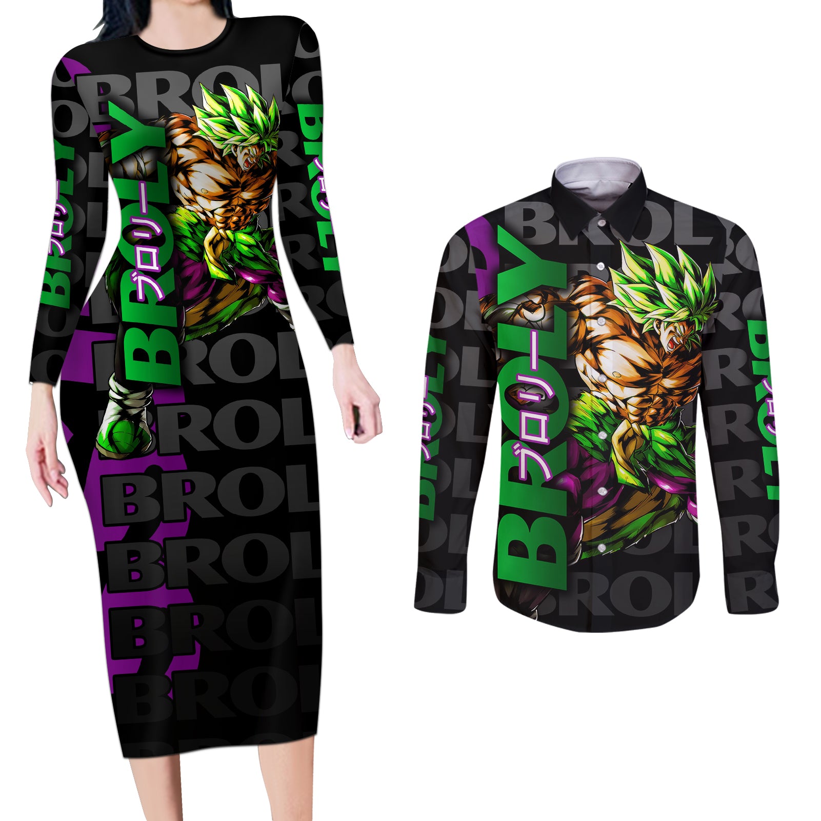 Super Saijan Broly - Dragon Ball Couples Matching Long Sleeve Bodycon Dress and Long Sleeve Button Shirt Anime Mix Pattern Style