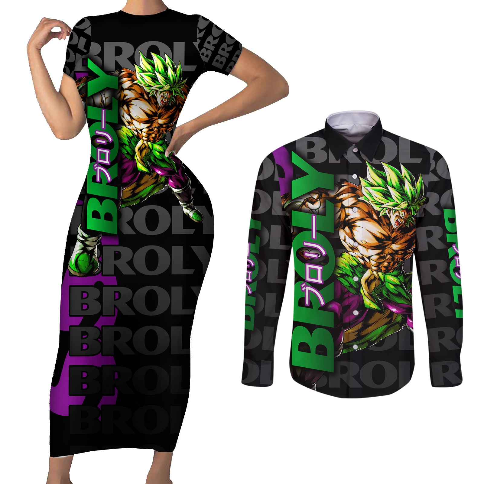 Super Saijan Broly - Dragon Ball Couples Matching Short Sleeve Bodycon Dress and Long Sleeve Button Shirt Anime Mix Pattern Style