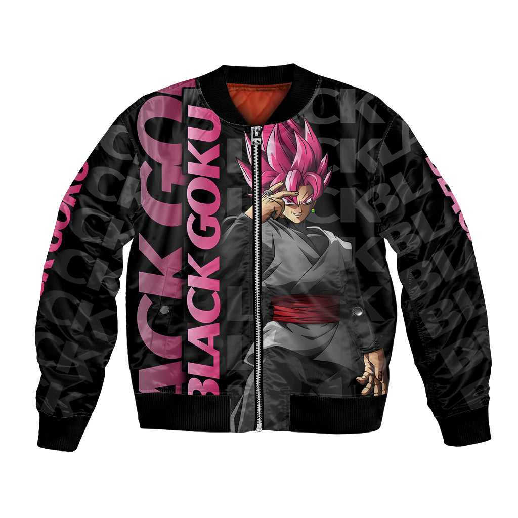 Black Goku Bomber Jacket Anime Mix Text Pattern Abstract Style