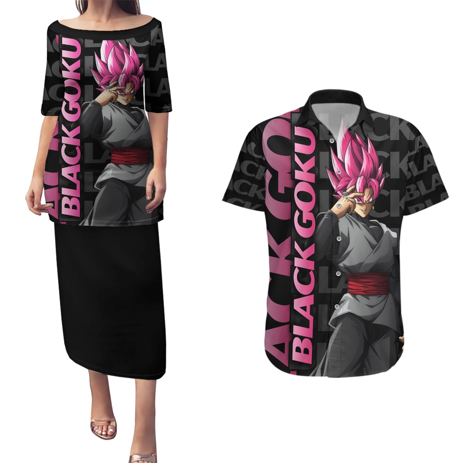 Black Goku Couples Matching Puletasi and Hawaiian Shirt Anime Mix Text Pattern Abstract Style