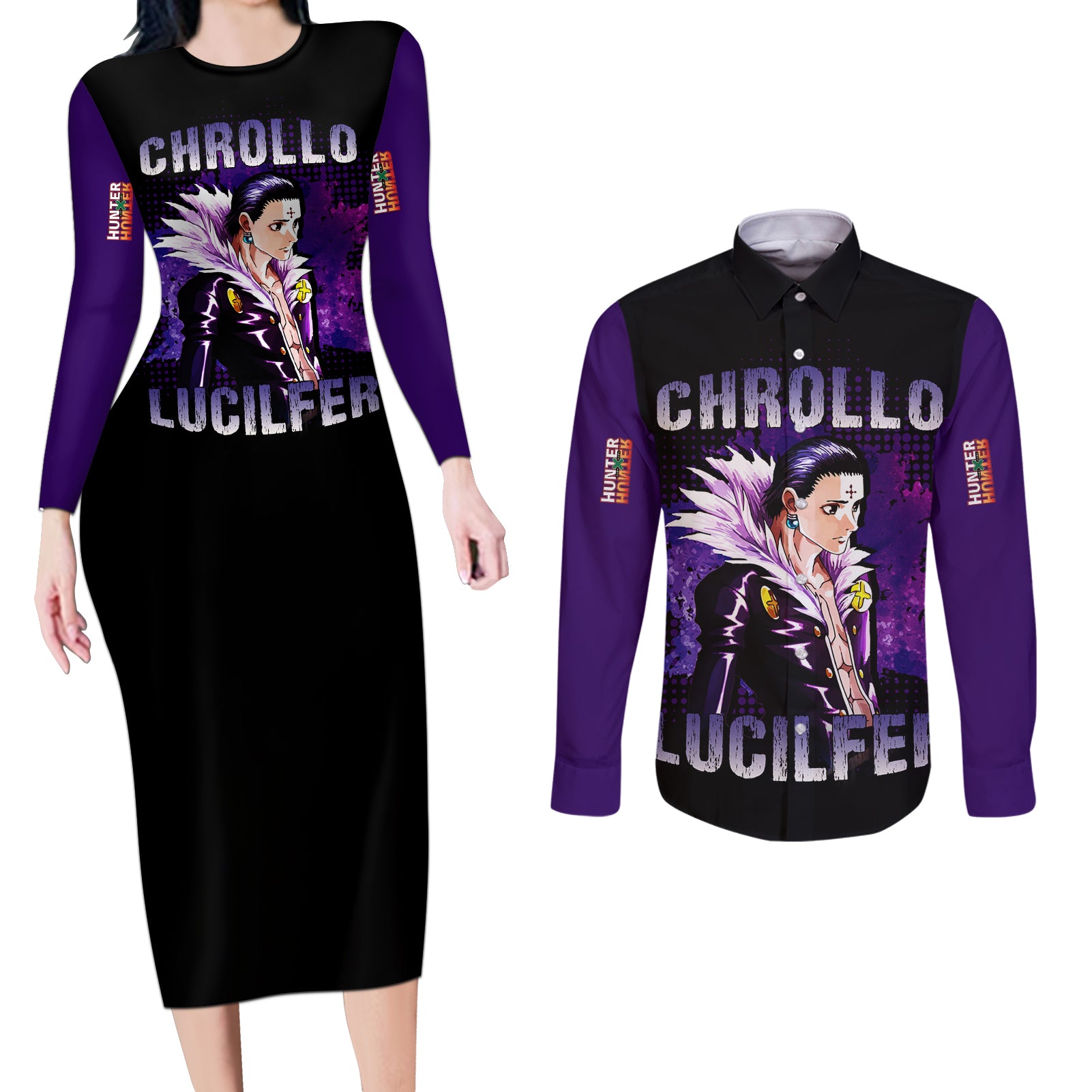 Chrollo Lucilfer Couples Matching Long Sleeve Bodycon Dress and Long Sleeve Button Shirt Hunter X Hunter