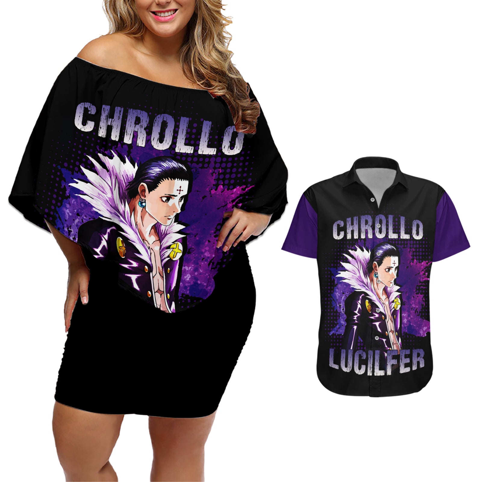 Chrollo Lucilfer Couples Matching Off Shoulder Short Dress and Hawaiian Shirt Hunter X Hunter