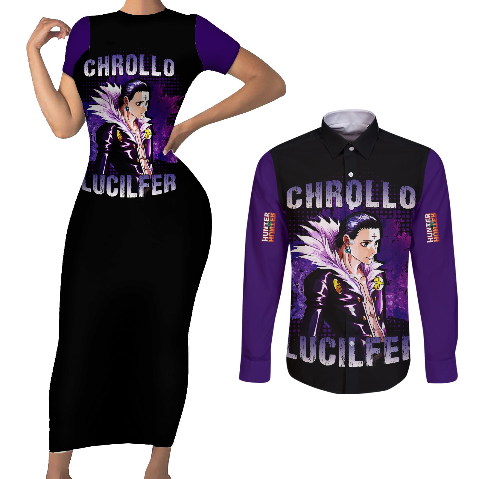 Chrollo Lucilfer Couples Matching Short Sleeve Bodycon Dress and Long Sleeve Button Shirt Hunter X Hunter