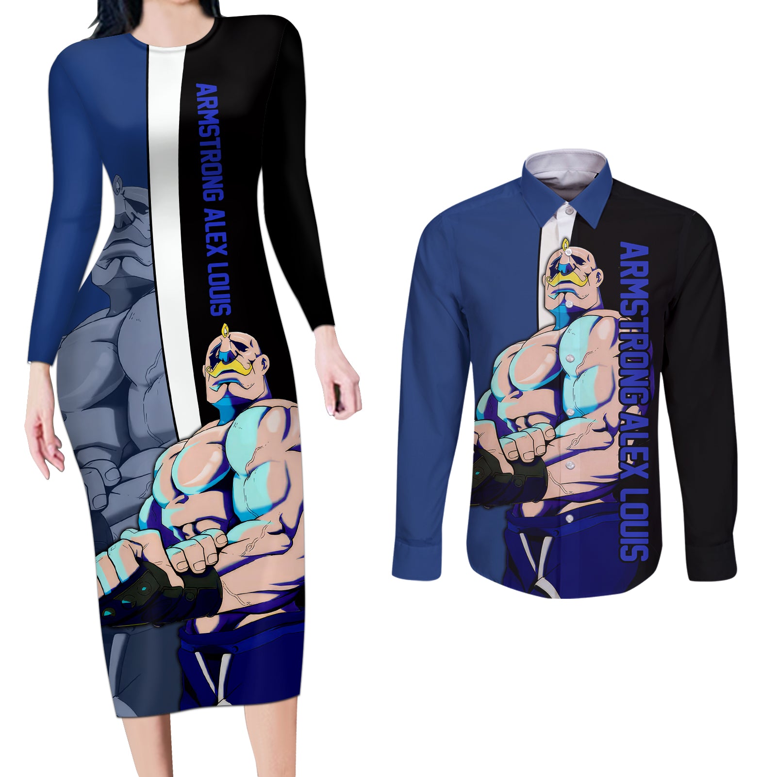 Armstrong Alex Louis - Fullmetal Alchemist Couples Matching Long Sleeve Bodycon Dress and Long Sleeve Button Shirt Anime Style