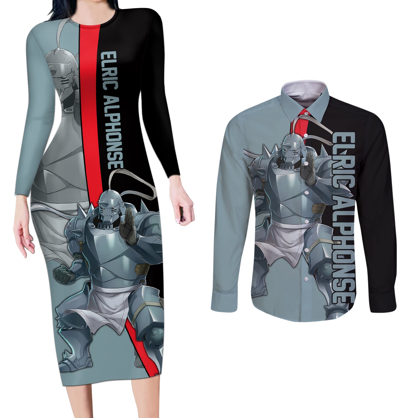 Elric Alphonse - Fullmetal Alchemist Couples Matching Long Sleeve Bodycon Dress and Long Sleeve Button Shirt Anime Style