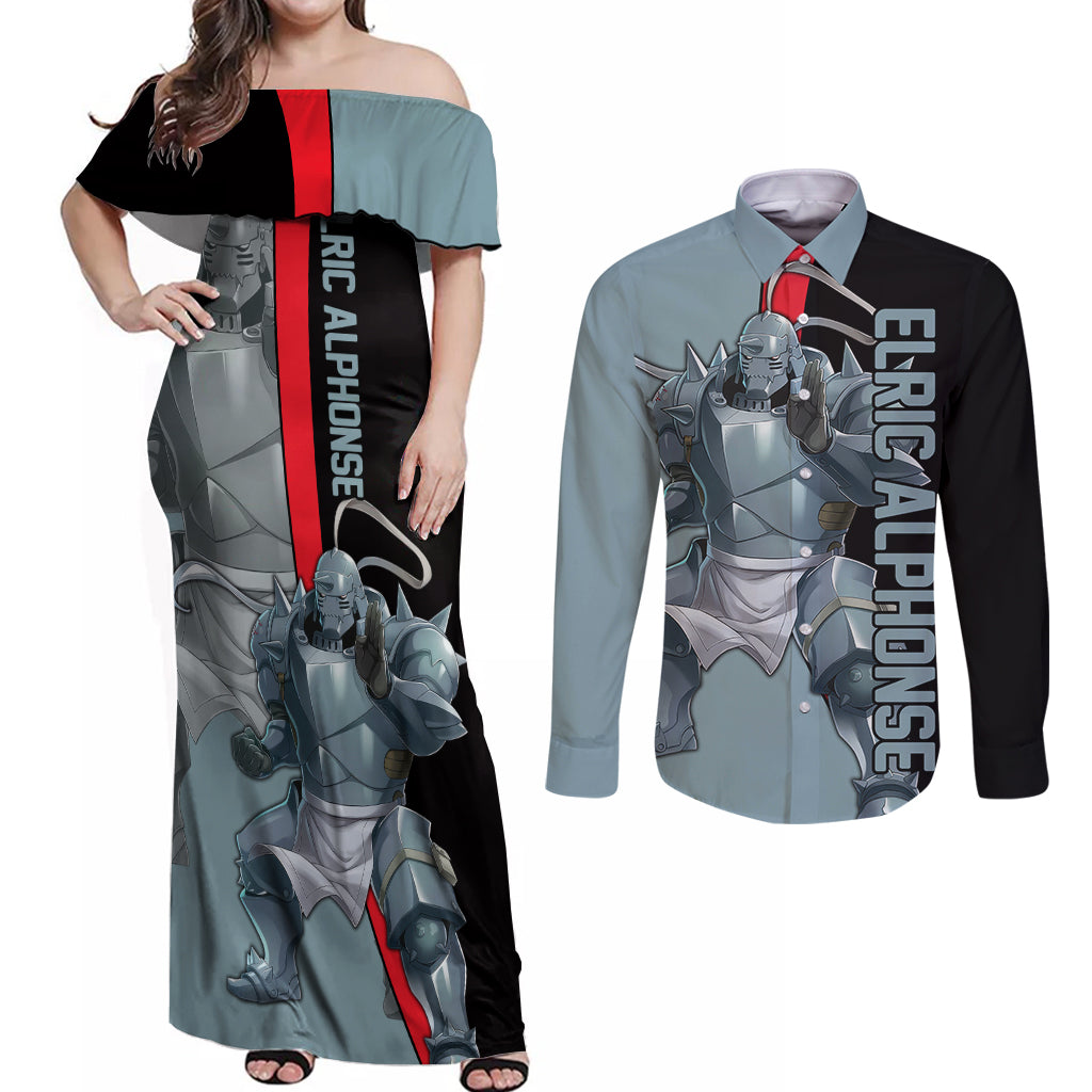 Elric Alphonse - Fullmetal Alchemist Couples Matching Off Shoulder Maxi Dress and Long Sleeve Button Shirt Anime Style