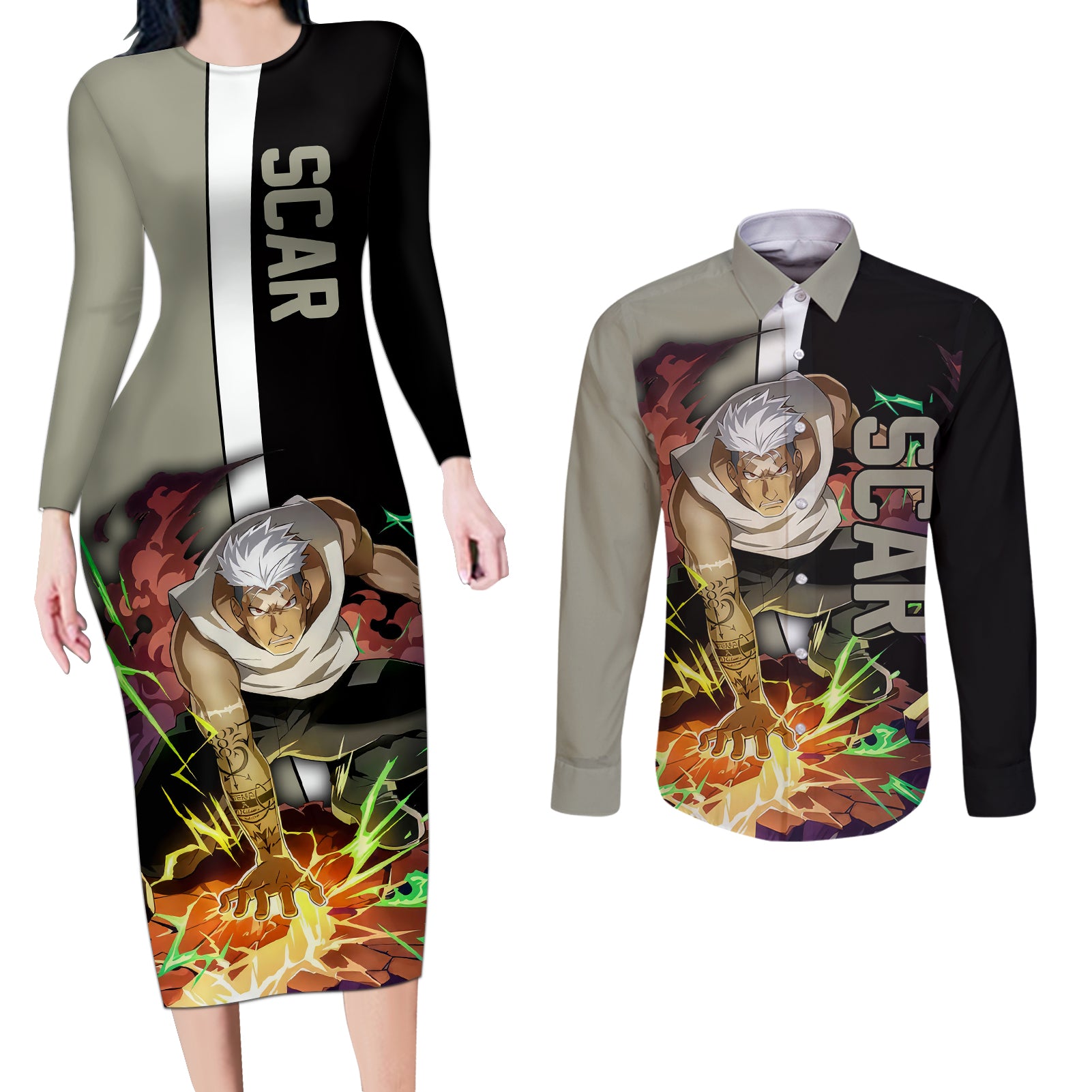 Scar - Fullmetal Alchemist Couples Matching Long Sleeve Bodycon Dress and Long Sleeve Button Shirt Manga Style