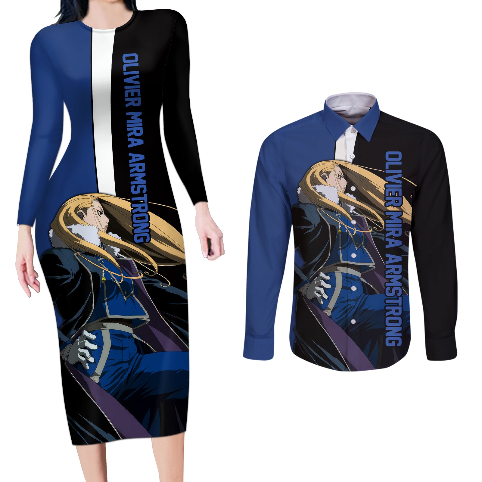 Armstrong Olivier Mira - Fullmetal Alchemist Couples Matching Long Sleeve Bodycon Dress and Long Sleeve Button Shirt Anime Style