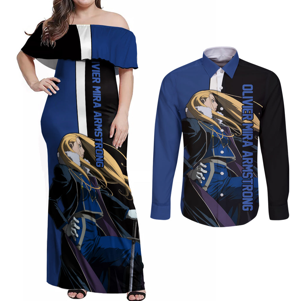 Armstrong Olivier Mira - Fullmetal Alchemist Couples Matching Off Shoulder Maxi Dress and Long Sleeve Button Shirt Anime Style