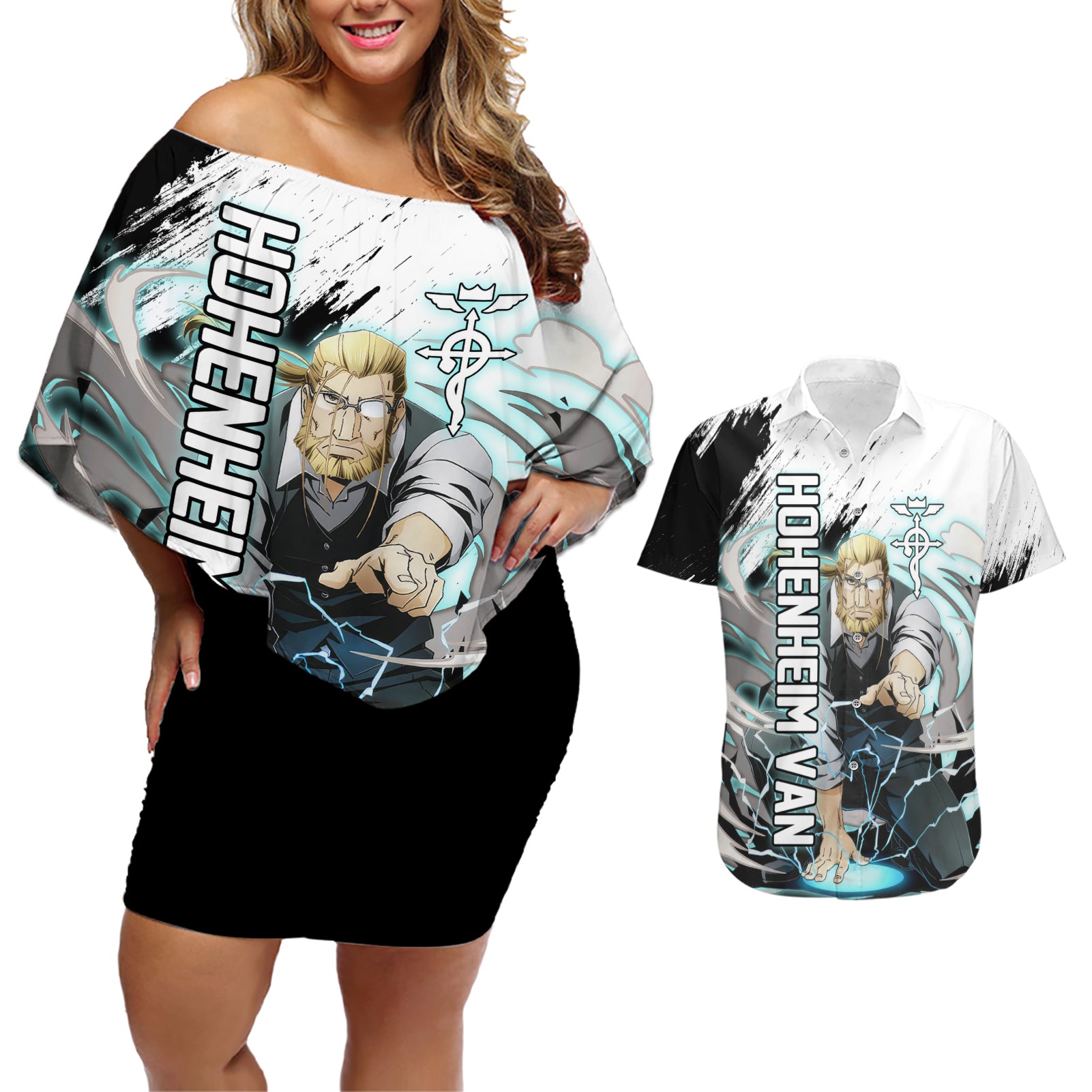 Hohenheim Van - Fullmetal Alchemist Couples Matching Off Shoulder Short Dress and Hawaiian Shirt Anime Grunge Pattern Style