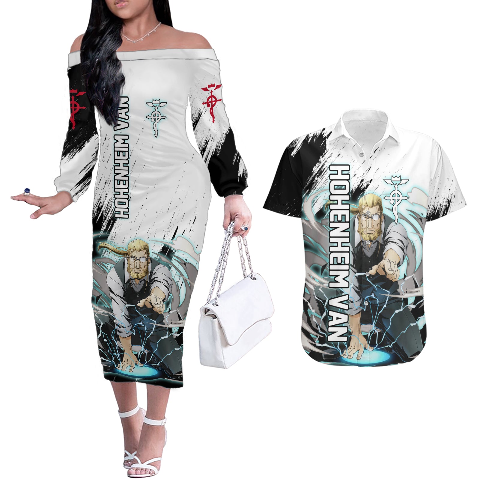 Hohenheim Van - Fullmetal Alchemist Couples Matching Off The Shoulder Long Sleeve Dress and Hawaiian Shirt Anime Grunge Pattern Style