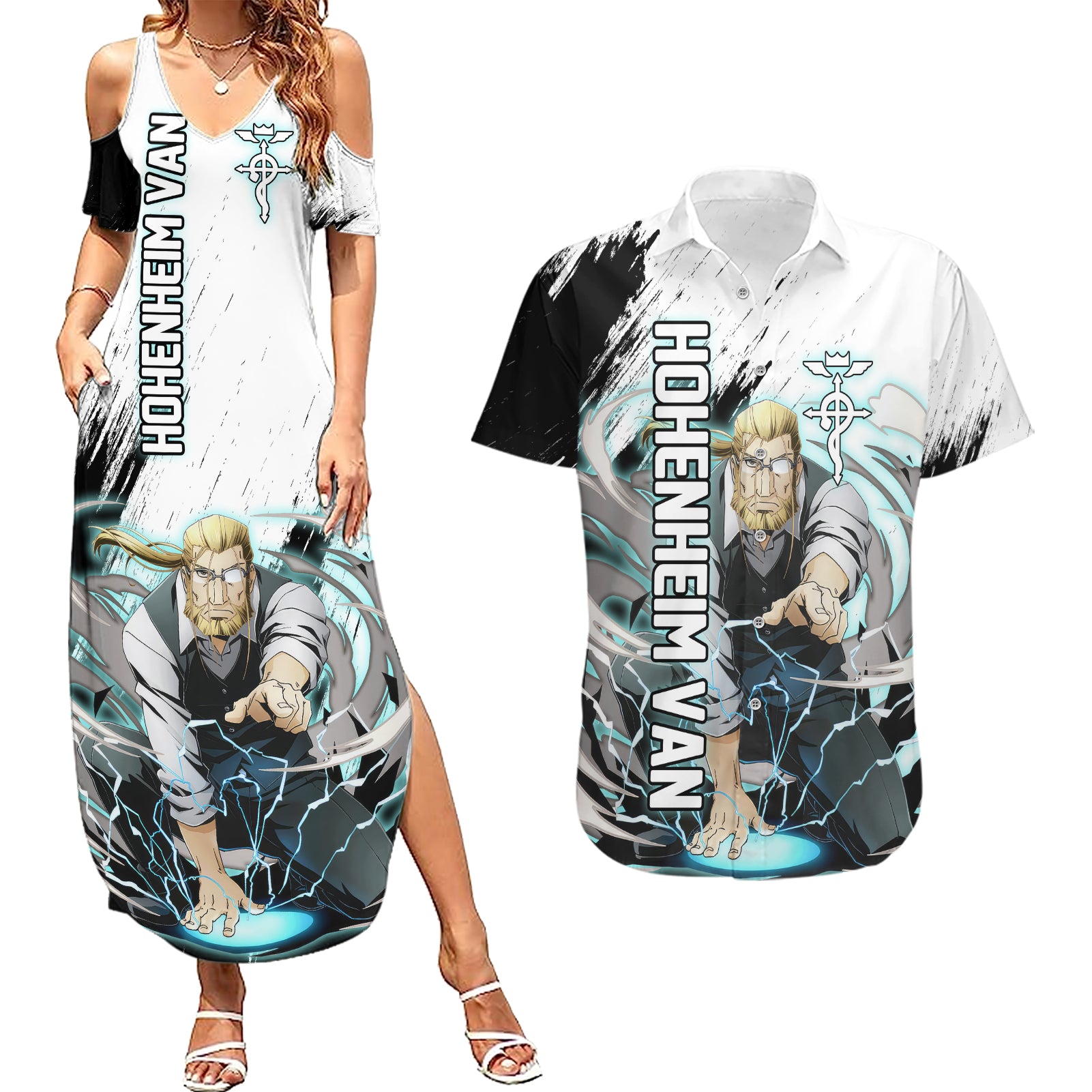 Hohenheim Van - Fullmetal Alchemist Couples Matching Summer Maxi Dress and Hawaiian Shirt Anime Grunge Pattern Style