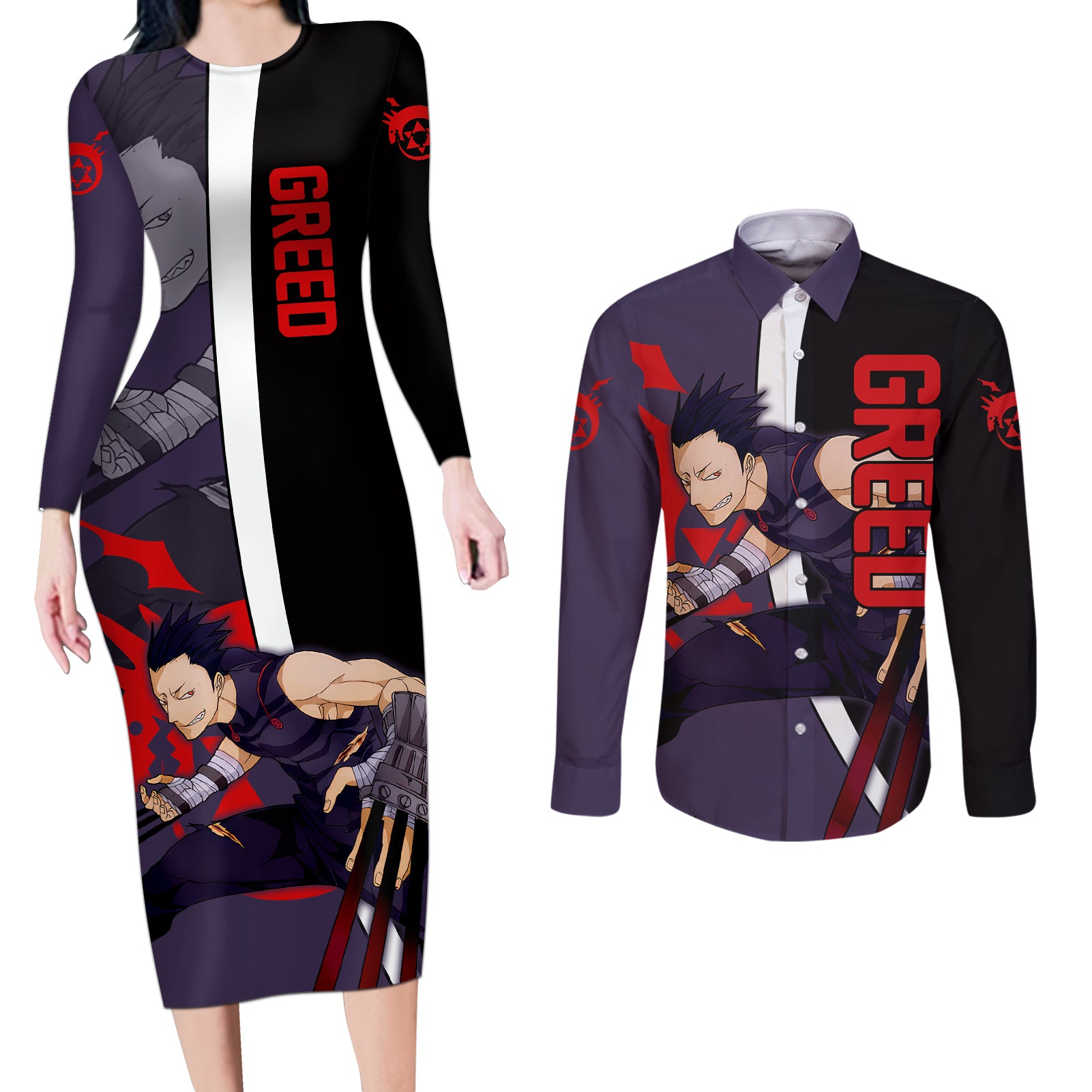 Greed - Fullmetal Alchemist Couples Matching Long Sleeve Bodycon Dress and Long Sleeve Button Shirt Anime Style