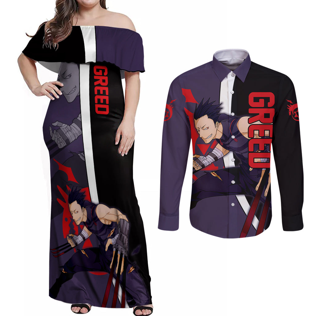 Greed - Fullmetal Alchemist Couples Matching Off Shoulder Maxi Dress and Long Sleeve Button Shirt Anime Style