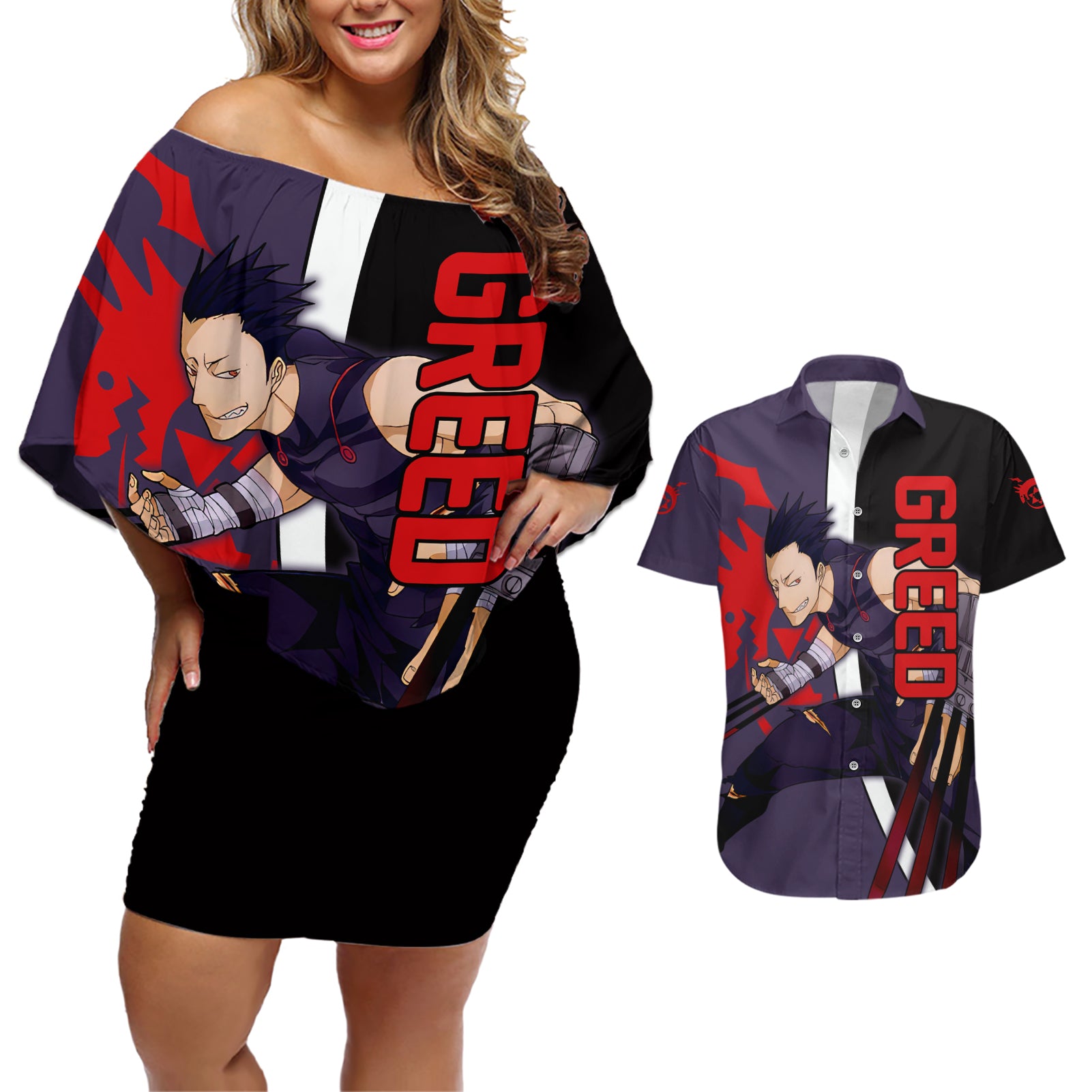 Greed - Fullmetal Alchemist Couples Matching Off Shoulder Short Dress and Hawaiian Shirt Anime Style