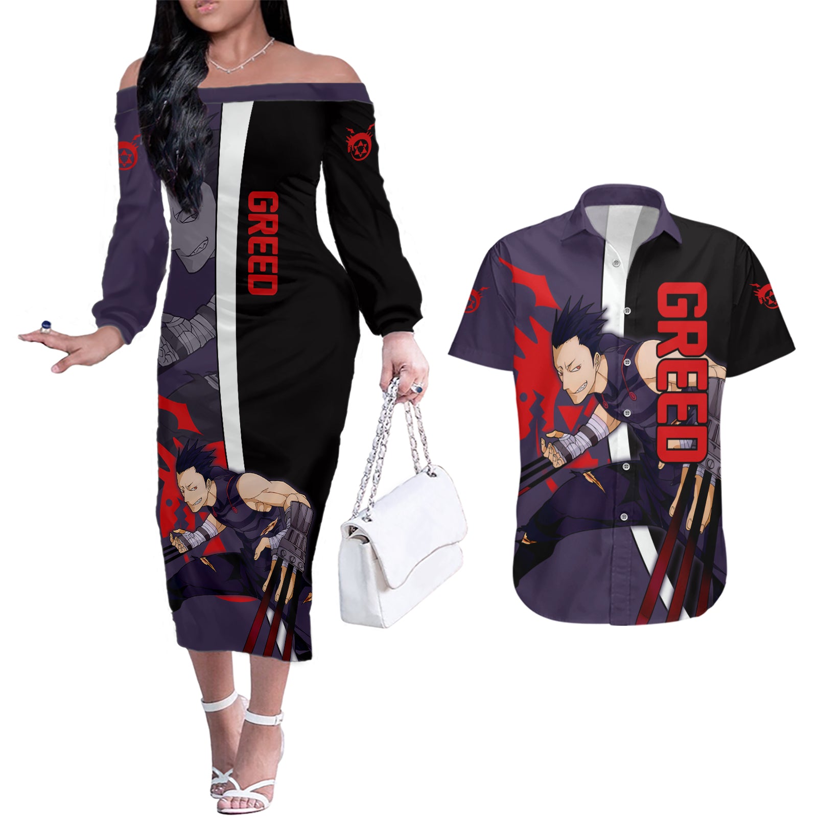 Greed - Fullmetal Alchemist Couples Matching Off The Shoulder Long Sleeve Dress and Hawaiian Shirt Anime Style