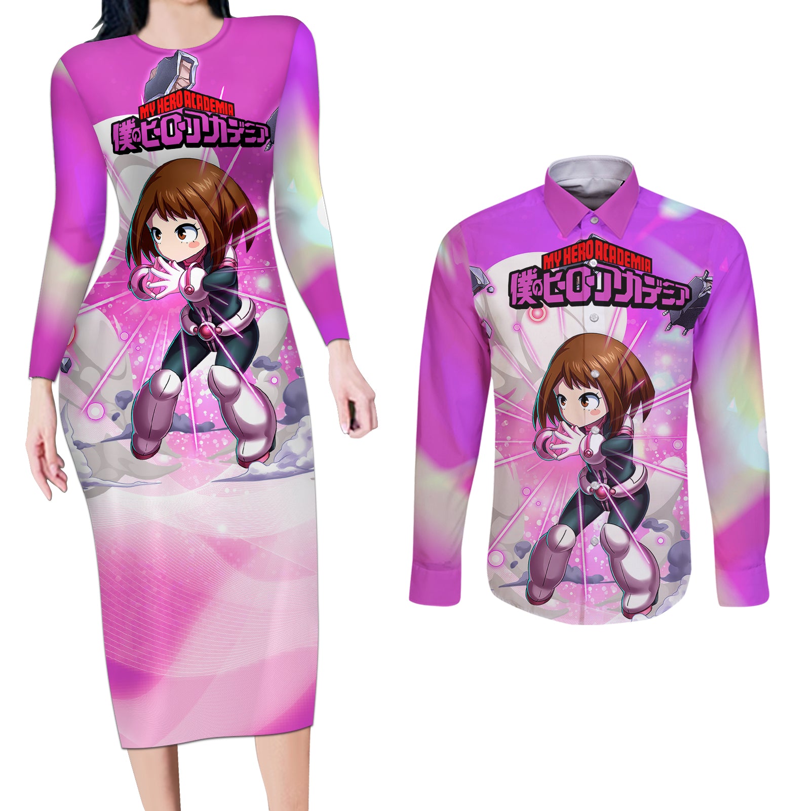 Ochako Uraraka Couples Matching Long Sleeve Bodycon Dress and Long Sleeve Button Shirt Anime Style