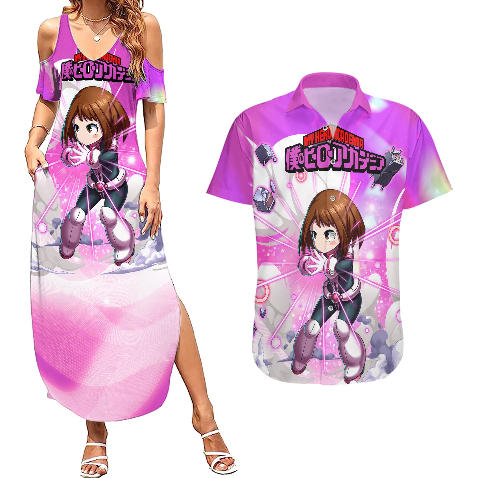 Ochako Uraraka Couples Matching Summer Maxi Dress and Hawaiian Shirt Anime Style