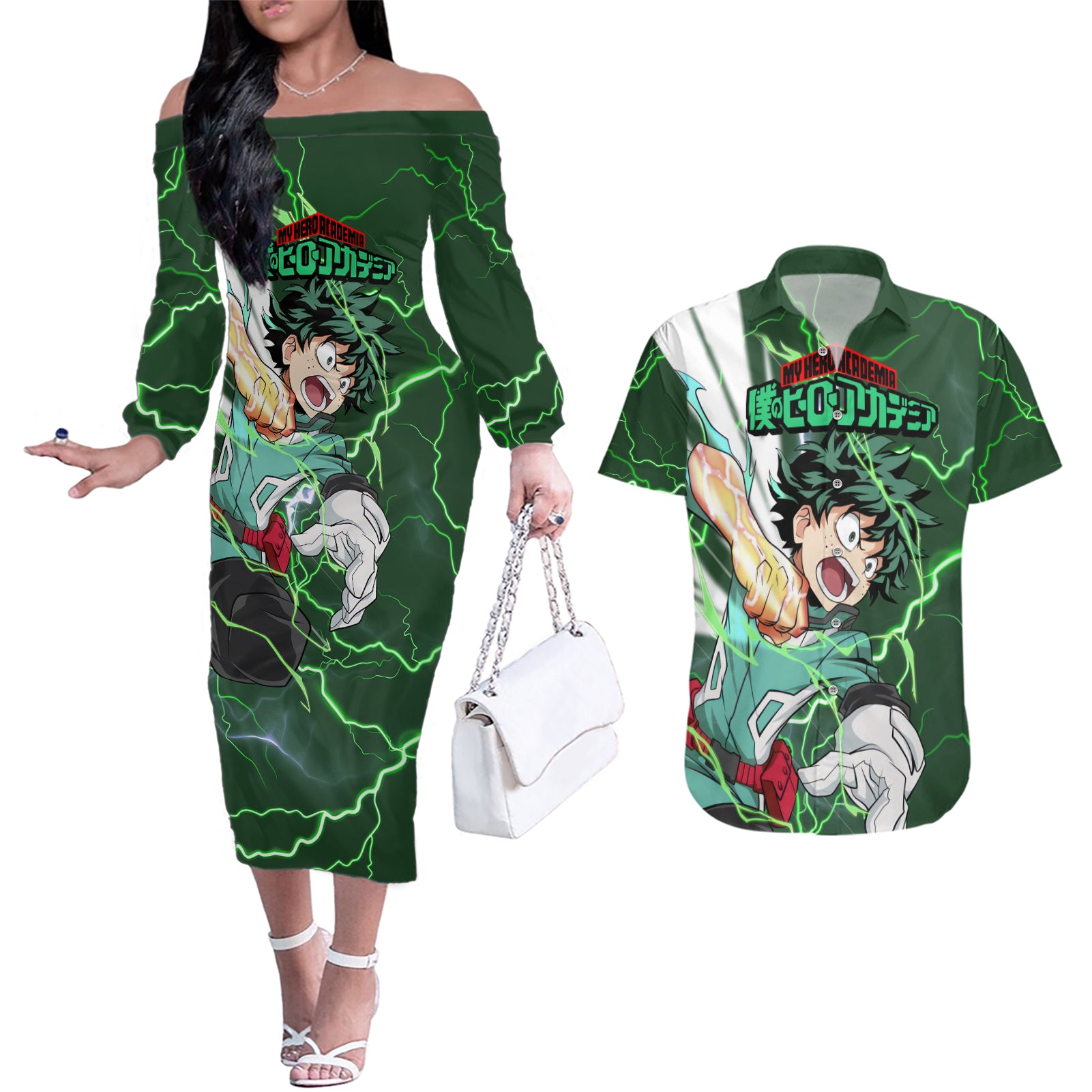 Izuku Midoriya Deku - My Hero Academia Couples Matching Off The Shoulder Long Sleeve Dress and Hawaiian Shirt Anime Style