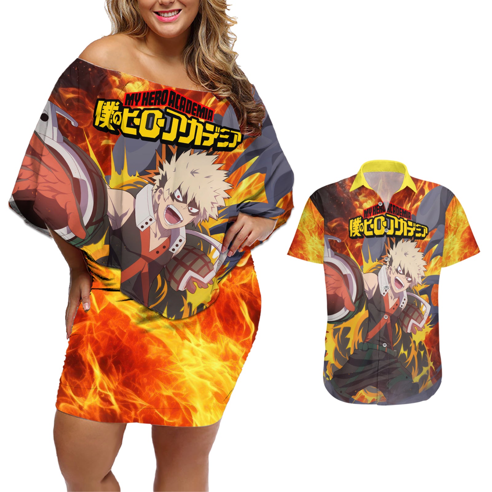 Katsuki Bakugou - My Hero Academia Couples Matching Off Shoulder Short Dress and Hawaiian Shirt Anime Style