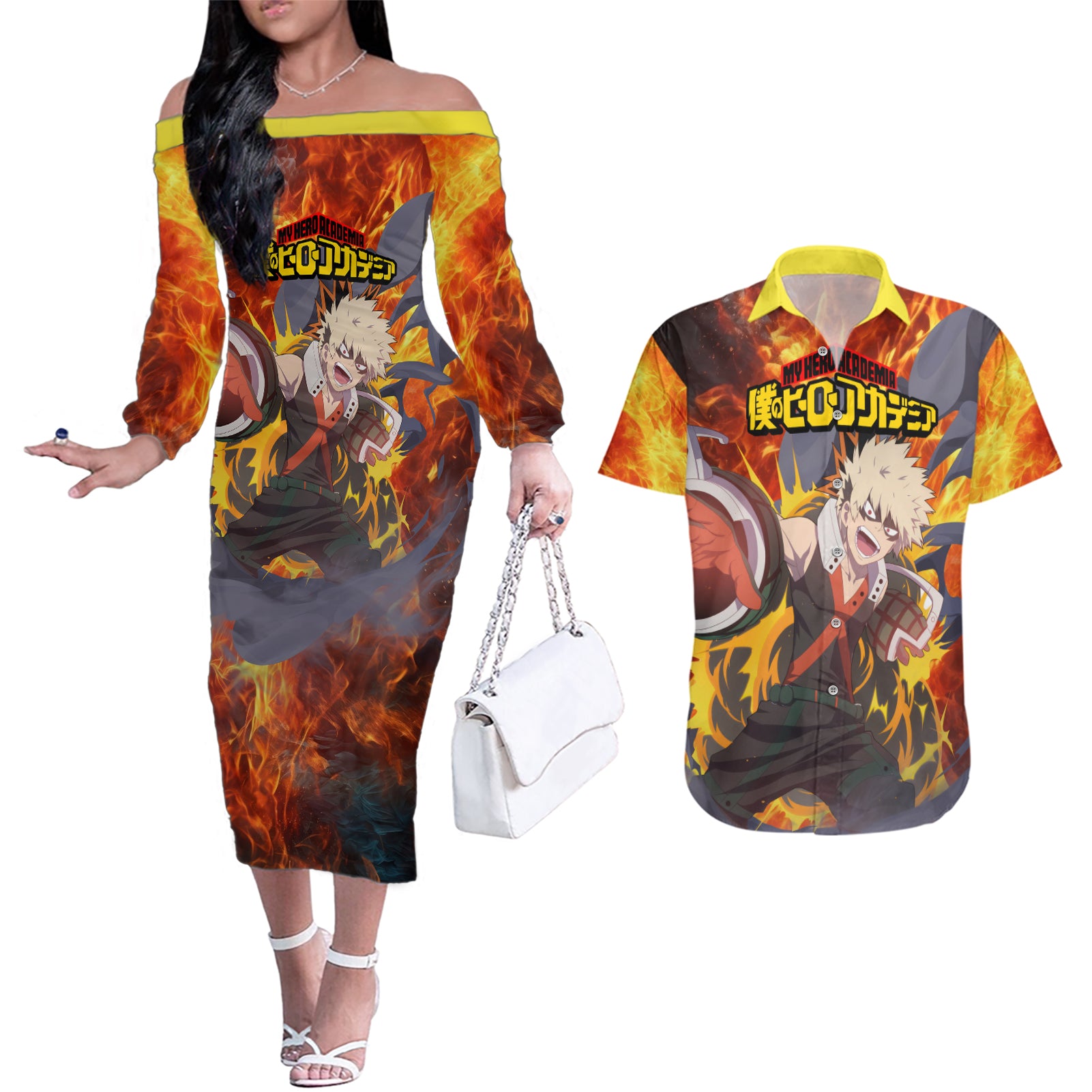 Katsuki Bakugou - My Hero Academia Couples Matching Off The Shoulder Long Sleeve Dress and Hawaiian Shirt Anime Style