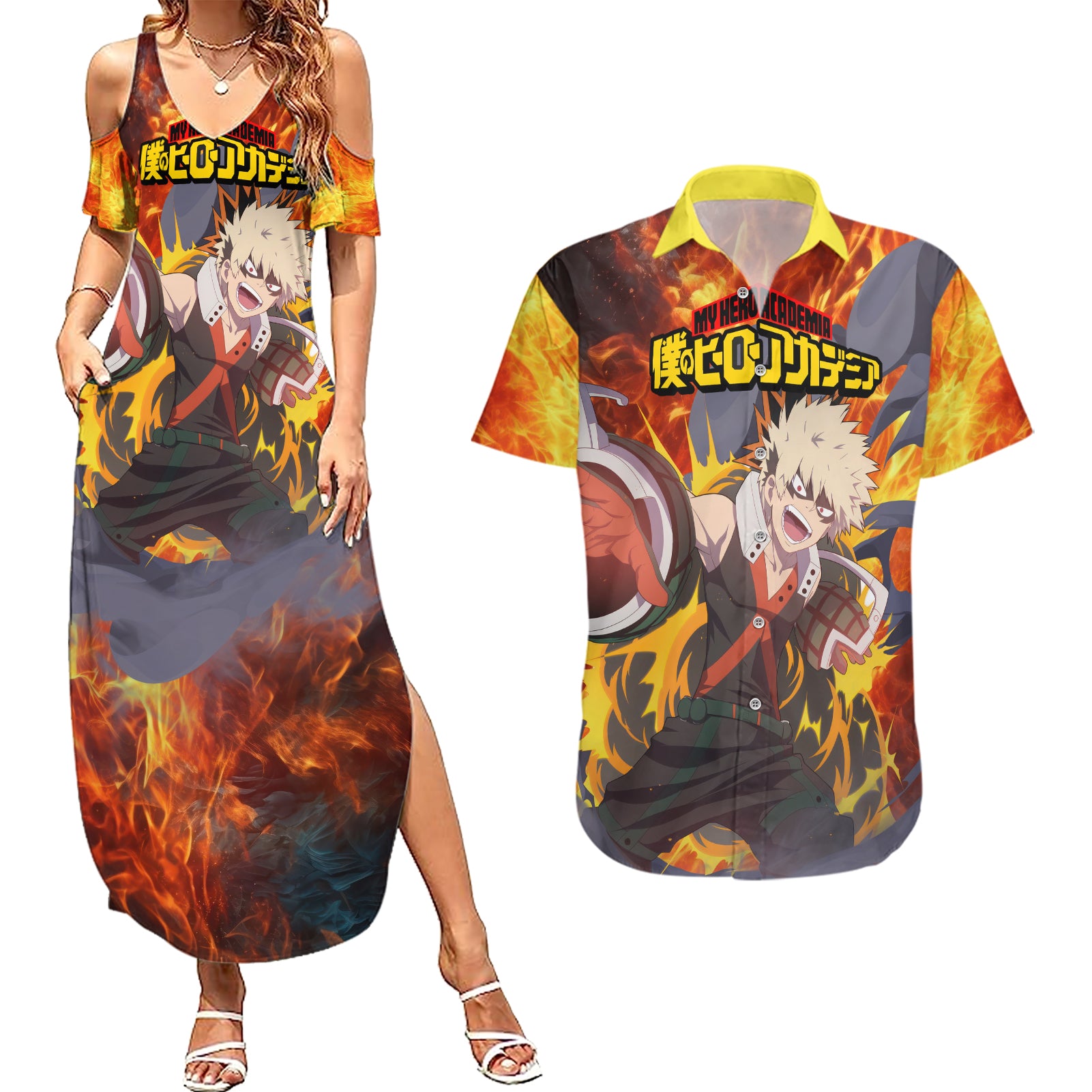 Katsuki Bakugou - My Hero Academia Couples Matching Summer Maxi Dress and Hawaiian Shirt Anime Style