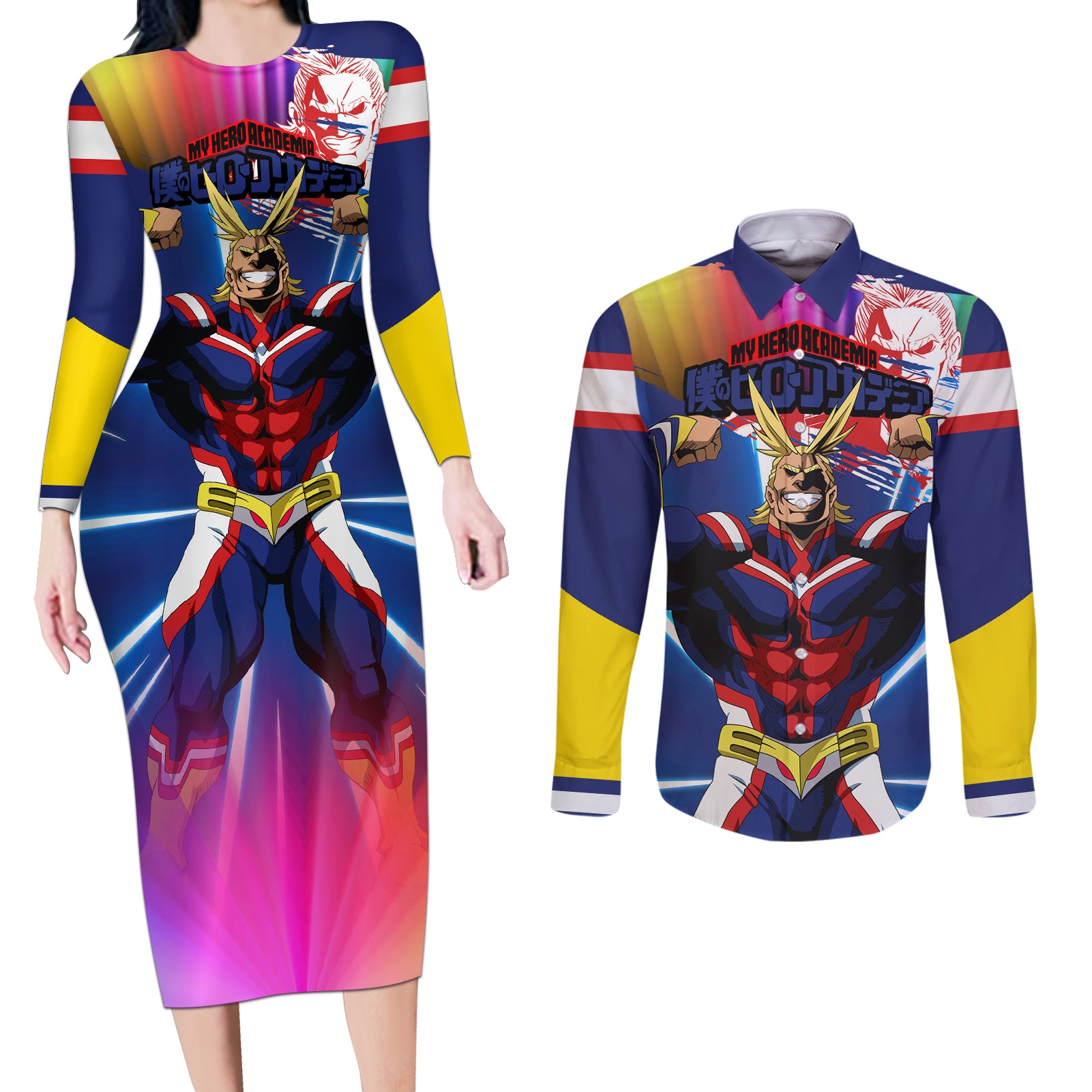 Toshinori Yagi - My Hero Academia Couples Matching Long Sleeve Bodycon Dress and Long Sleeve Button Shirt Anime Style