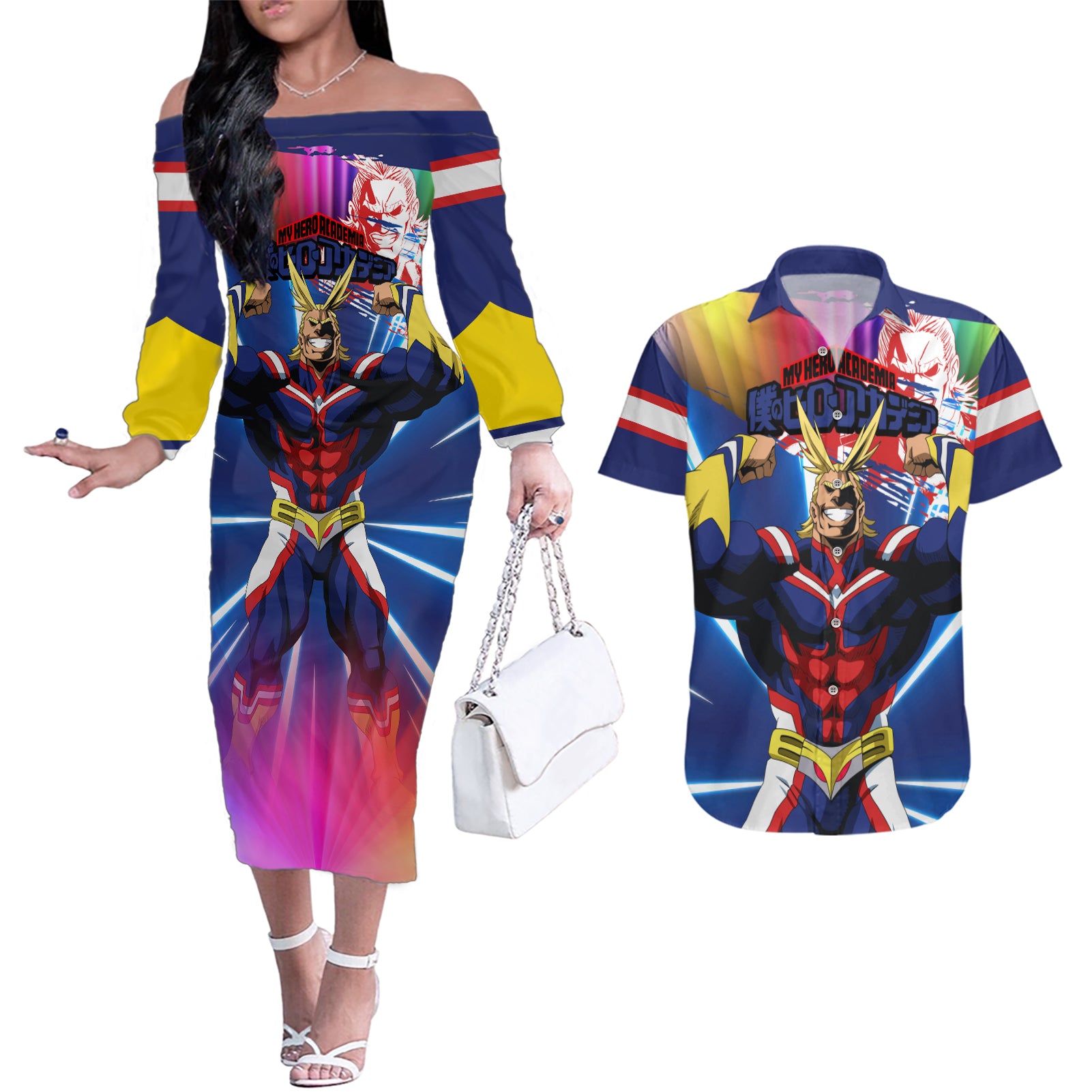 Toshinori Yagi - My Hero Academia Couples Matching Off The Shoulder Long Sleeve Dress and Hawaiian Shirt Anime Style