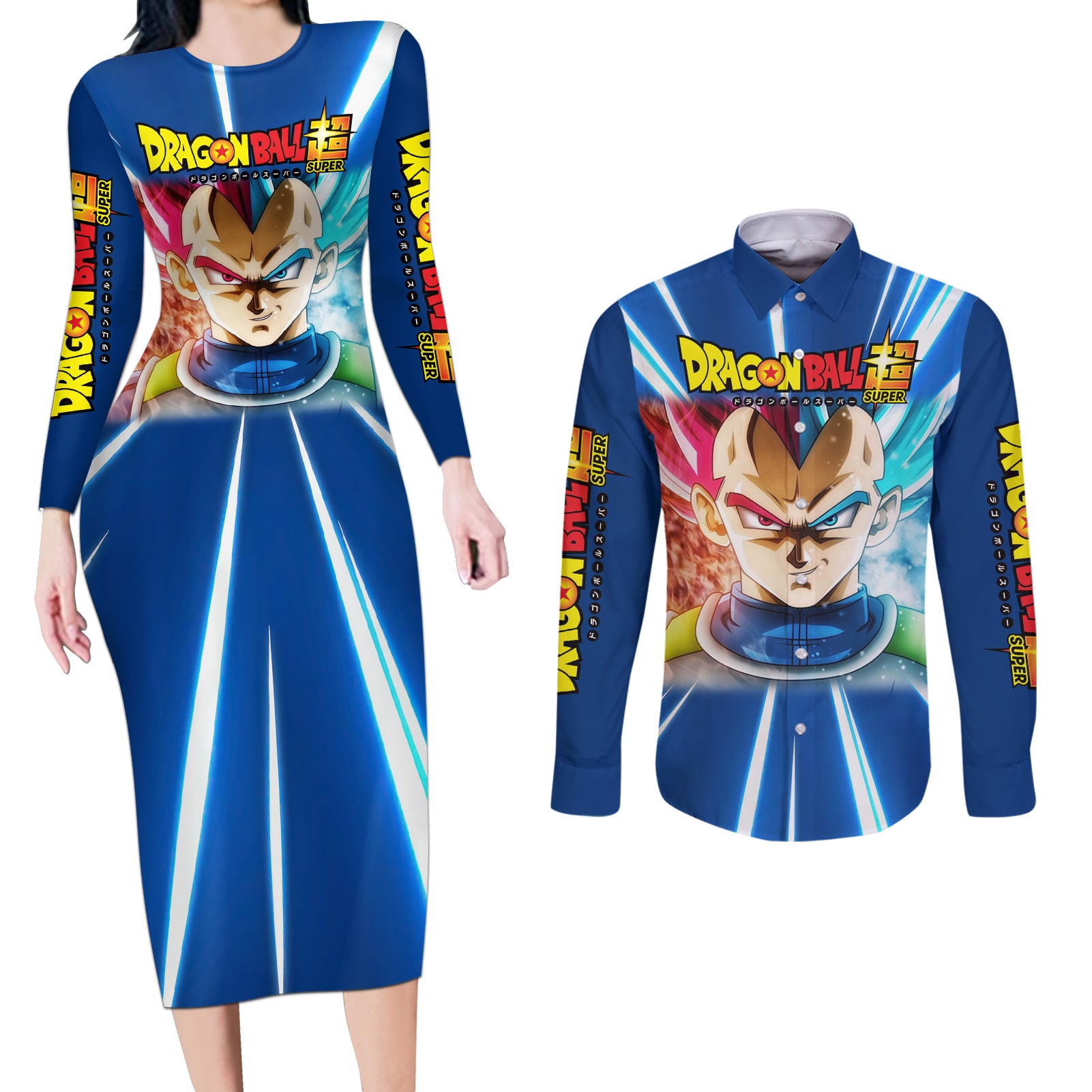 Prince Vegeta - Dragon Ball Couples Matching Long Sleeve Bodycon Dress and Long Sleeve Button Shirt Anime Style