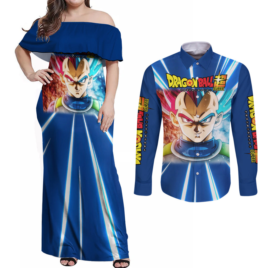 Prince Vegeta - Dragon Ball Couples Matching Off Shoulder Maxi Dress and Long Sleeve Button Shirt Anime Style