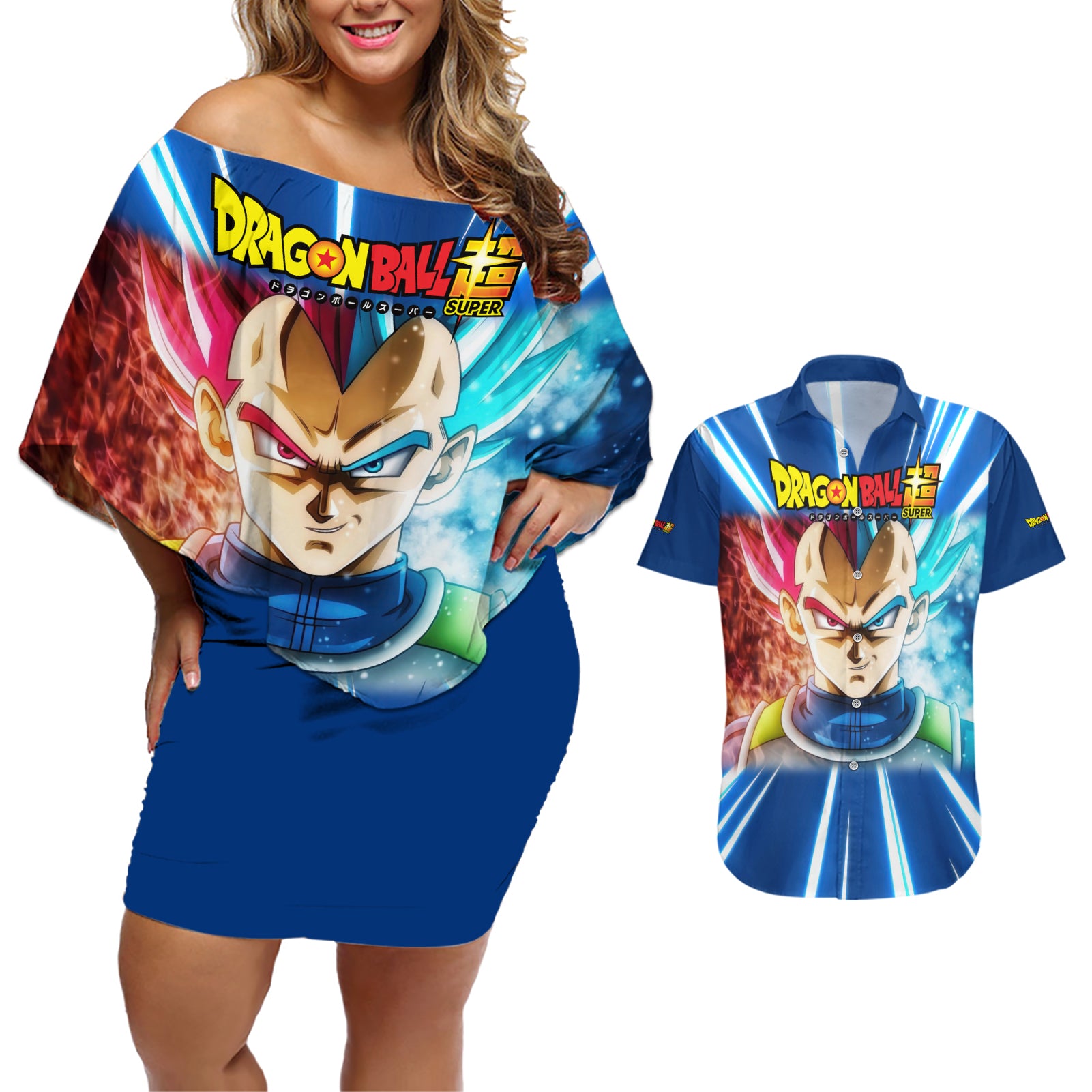 Prince Vegeta - Dragon Ball Couples Matching Off Shoulder Short Dress and Hawaiian Shirt Anime Style