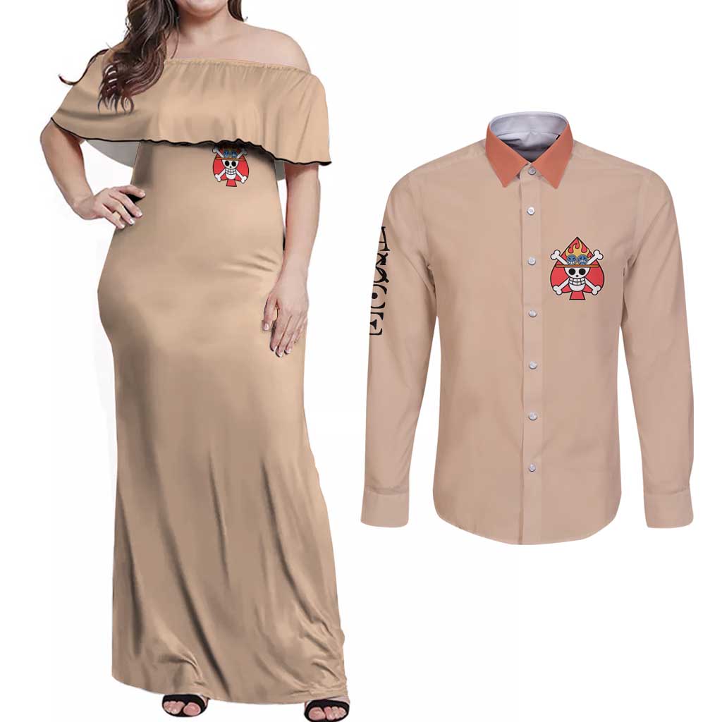 Portgas D. Ace - One Piece Couples Matching Off Shoulder Maxi Dress and Long Sleeve Button Shirt Anime Uniform Style