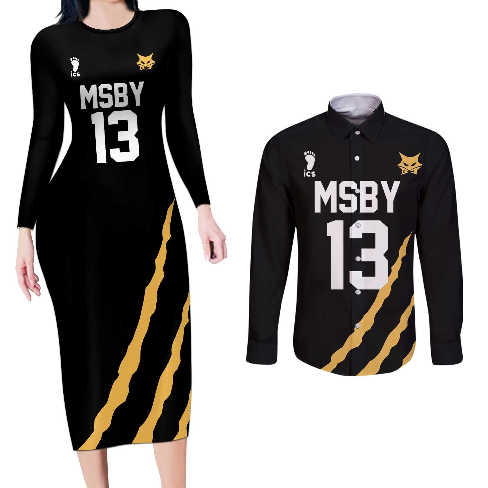 MSBY Atsumu Miya - Number 13 - Haikyu Couples Matching Long Sleeve Bodycon Dress and Long Sleeve Button Shirt Anime Uniform Style