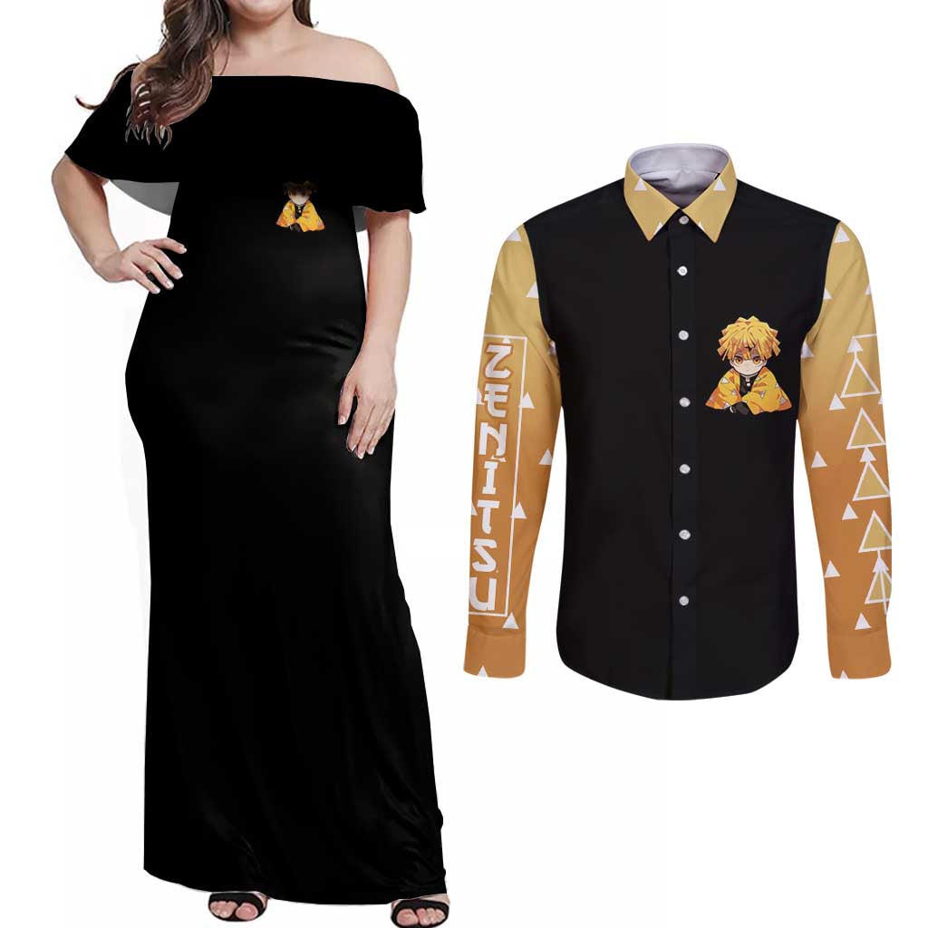 Agatsuma Zenitsu Demon Slayer Couples Matching Off Shoulder Maxi Dress and Long Sleeve Button Shirt Anime Style