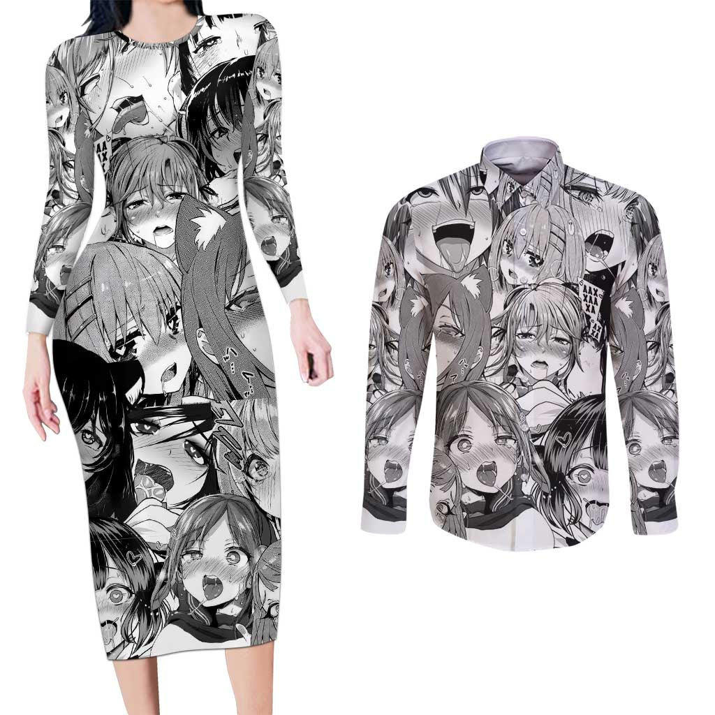 Ahegao Manga Collage Couples Matching Long Sleeve Bodycon Dress and Long Sleeve Button Shirt Anime Style