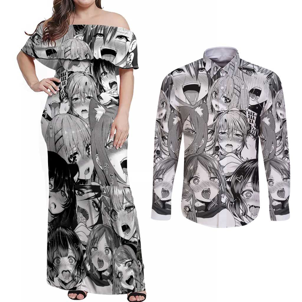 Ahegao Manga Collage Couples Matching Off Shoulder Maxi Dress and Long Sleeve Button Shirt Anime Style