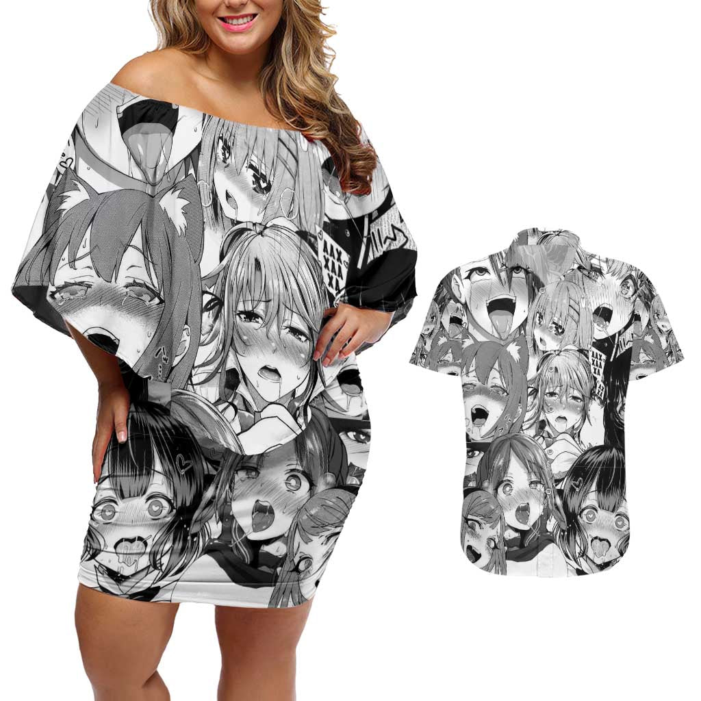 Ahegao Manga Collage Couples Matching Off Shoulder Short Dress and Hawaiian Shirt Anime Style