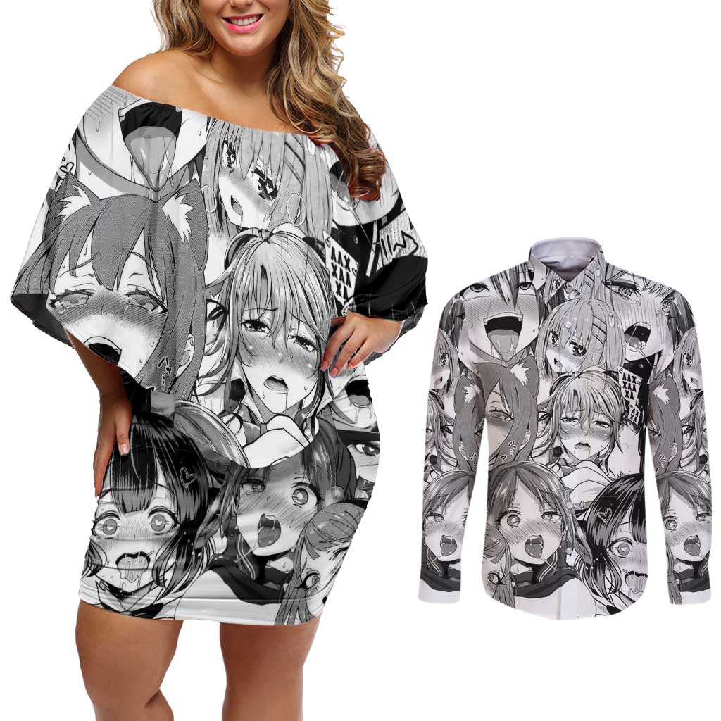 Ahegao Manga Collage Couples Matching Off Shoulder Short Dress and Long Sleeve Button Shirt Anime Style