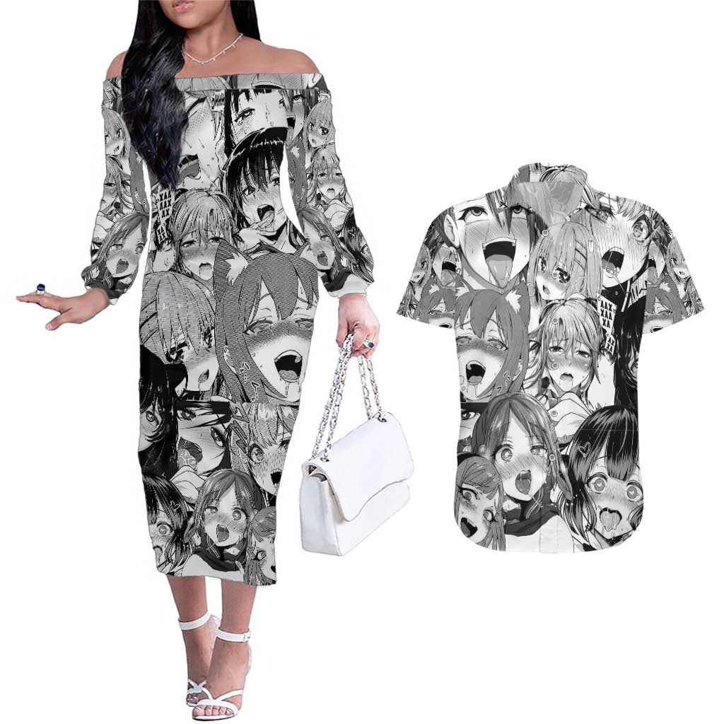 Ahegao Manga Collage Couples Matching Off The Shoulder Long Sleeve Dress and Hawaiian Shirt Anime Style