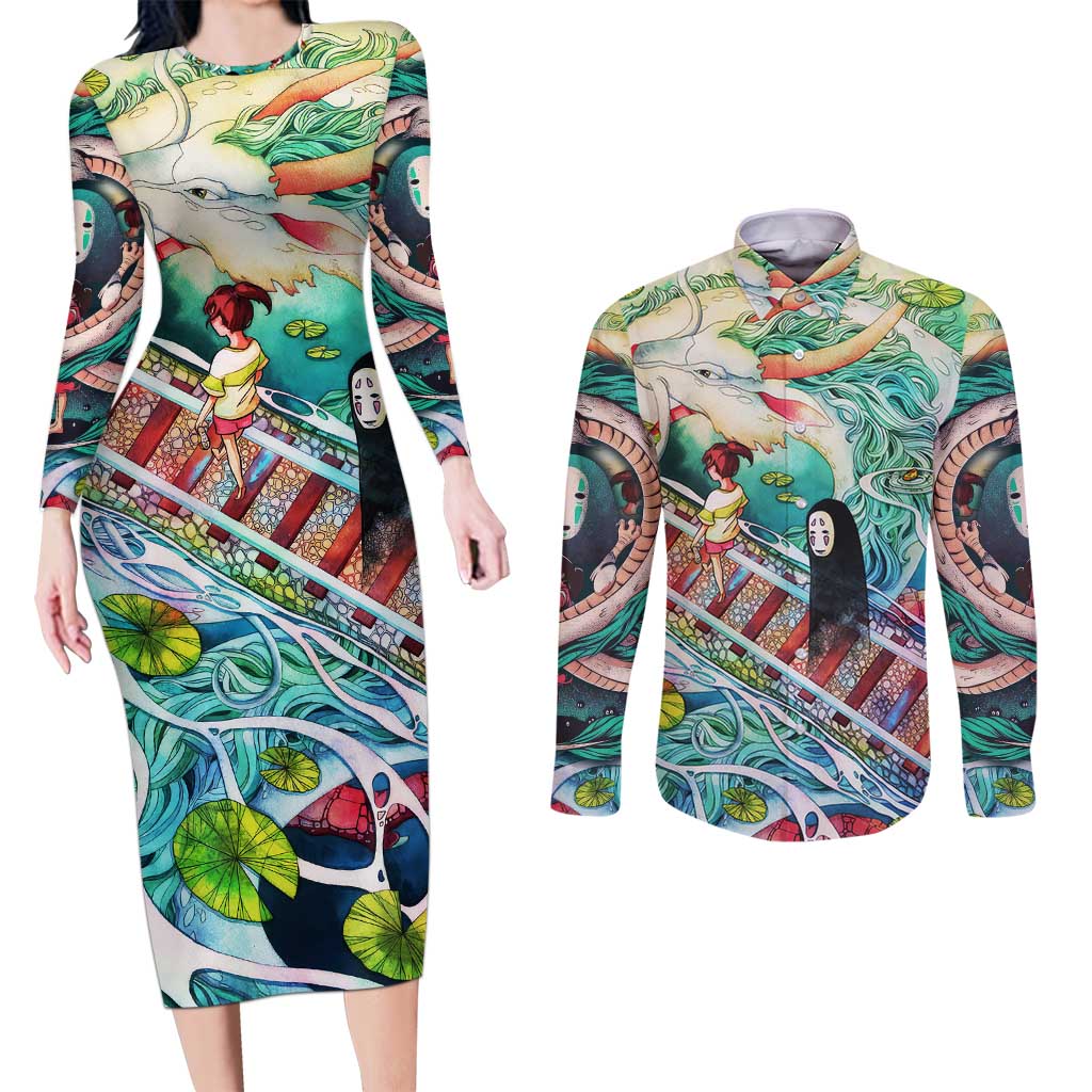 Mythical Spirited Away Studio Ghibli Couples Matching Long Sleeve Bodycon Dress and Long Sleeve Button Shirt Anime Style