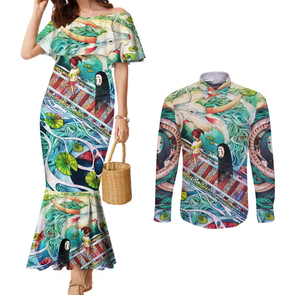 Mythical Spirited Away Studio Ghibli Couples Matching Mermaid Dress and Long Sleeve Button Shirt Anime Style