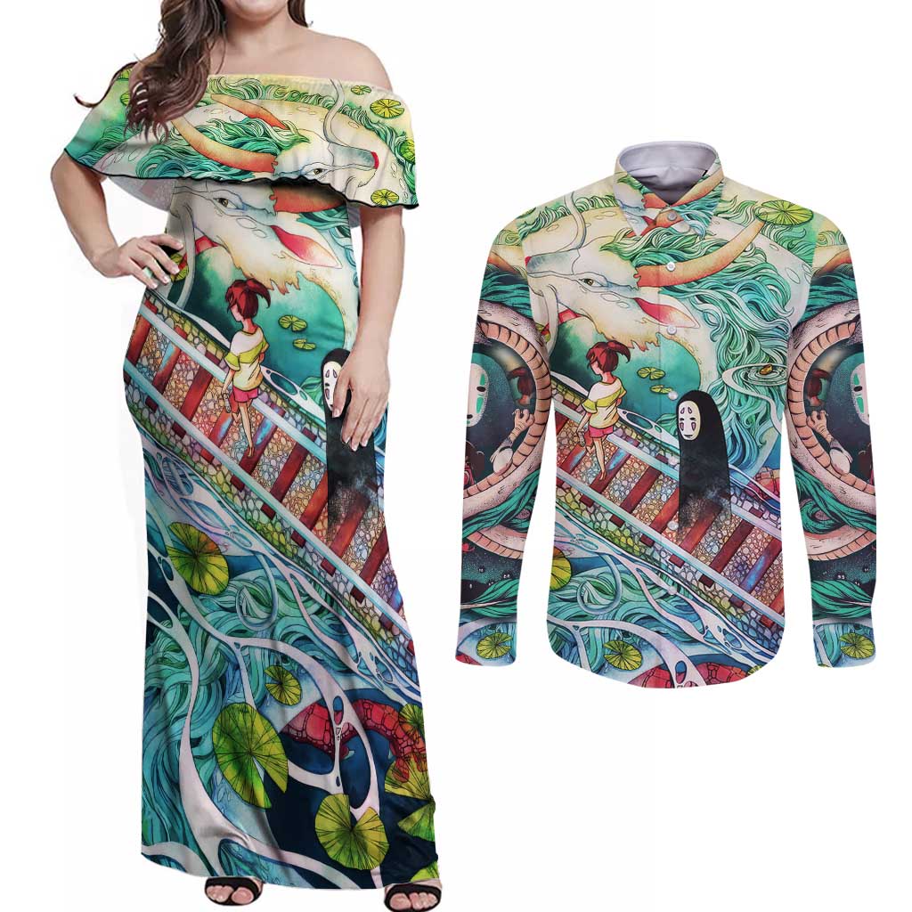 Mythical Spirited Away Studio Ghibli Couples Matching Off Shoulder Maxi Dress and Long Sleeve Button Shirt Anime Style