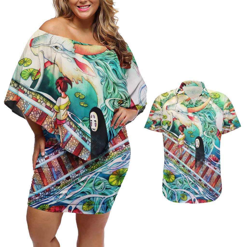 Mythical Spirited Away Studio Ghibli Couples Matching Off Shoulder Short Dress and Hawaiian Shirt Anime Style