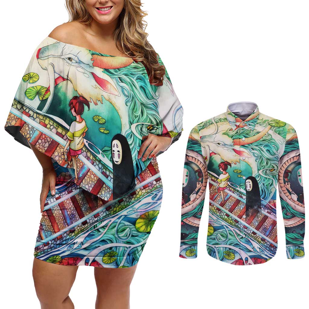 Mythical Spirited Away Studio Ghibli Couples Matching Off Shoulder Short Dress and Long Sleeve Button Shirt Anime Style