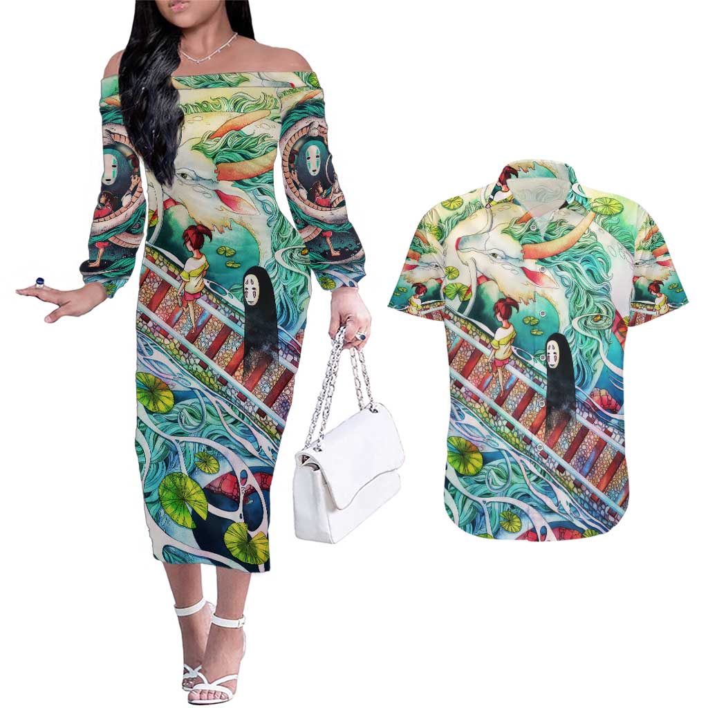 Mythical Spirited Away Studio Ghibli Couples Matching Off The Shoulder Long Sleeve Dress and Hawaiian Shirt Anime Style