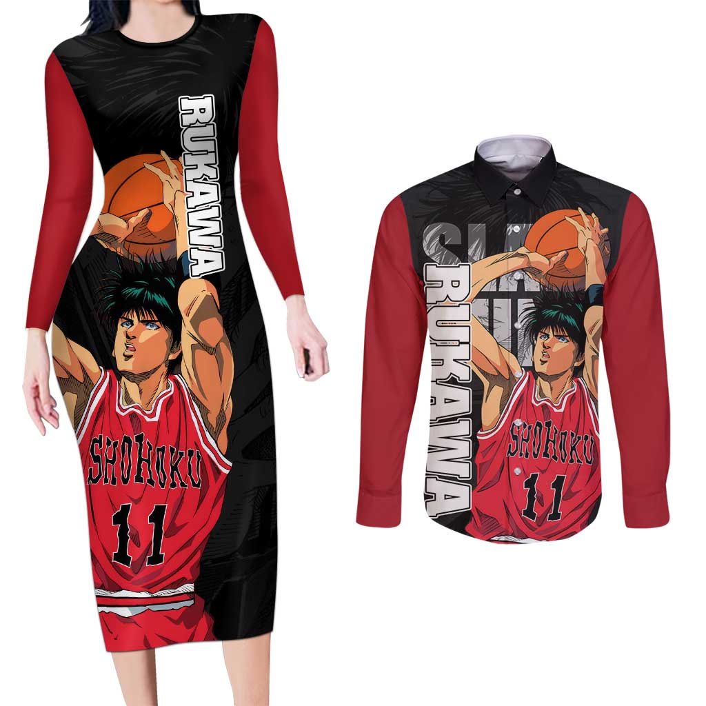 Rukawa Kaede - Slam Dunk Couples Matching Long Sleeve Bodycon Dress and Long Sleeve Button Shirt Anime Style