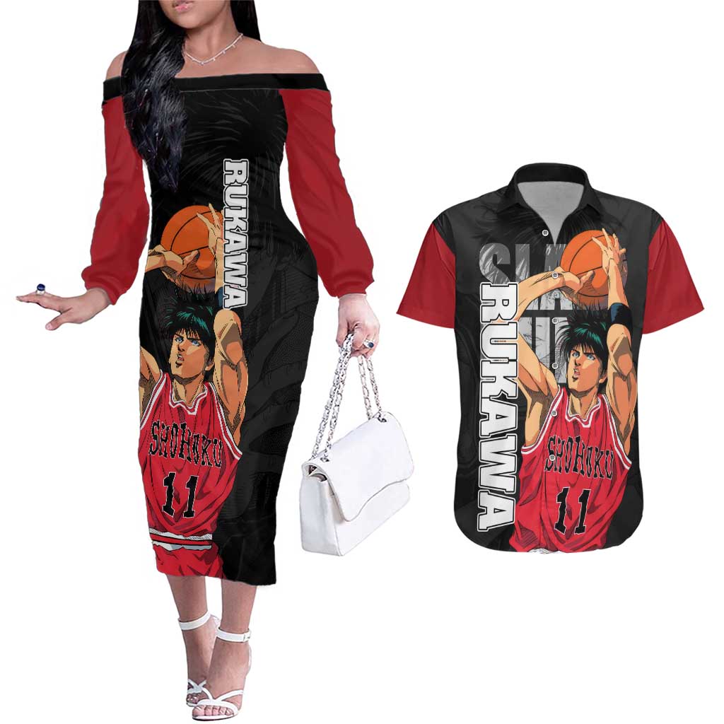 Rukawa Kaede - Slam Dunk Couples Matching Off The Shoulder Long Sleeve Dress and Hawaiian Shirt Anime Style