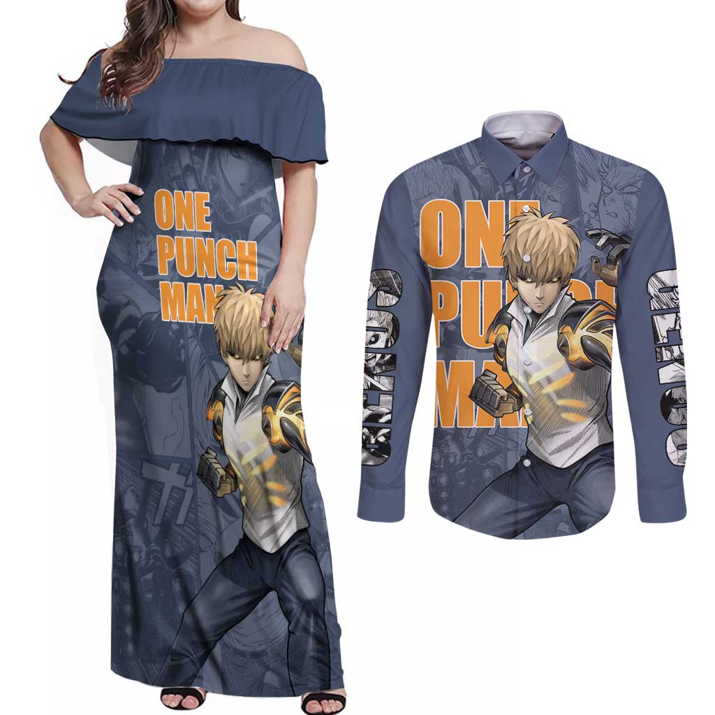 Genos - One Punch Man Couples Matching Off Shoulder Maxi Dress and Long Sleeve Button Shirt Anime Style