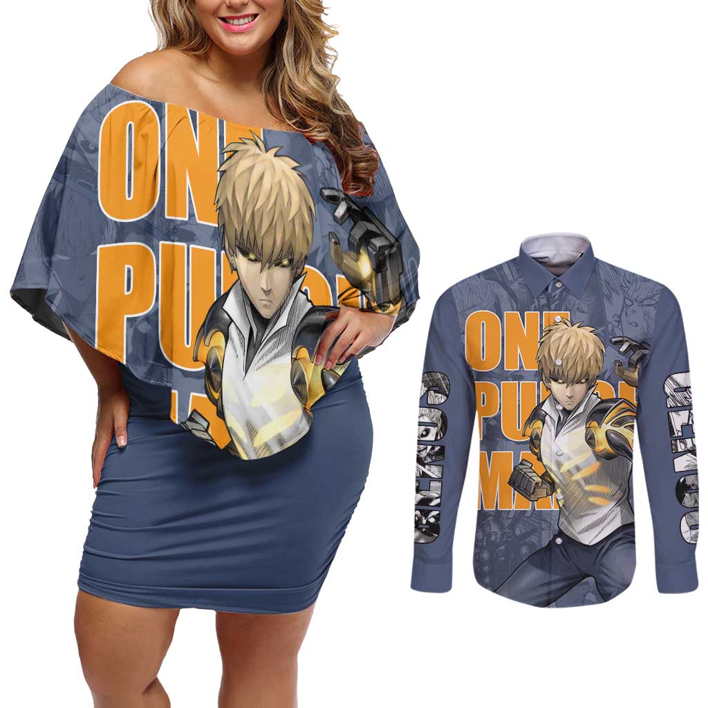 Genos - One Punch Man Couples Matching Off Shoulder Short Dress and Long Sleeve Button Shirt Anime Style